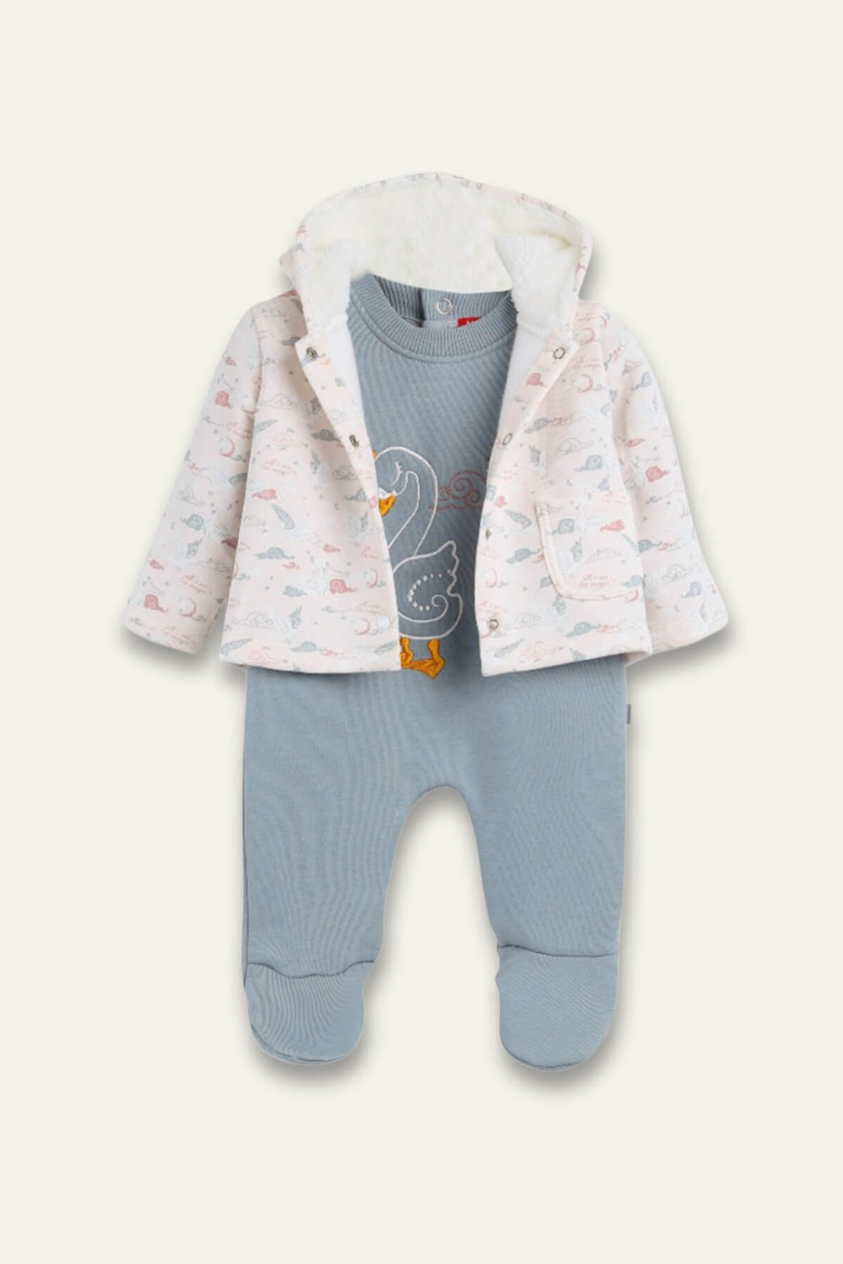 Kız Bebek Kapüşonlu Peluş Ceket ve Kuğu Nakışlı Tulum İkili Takım