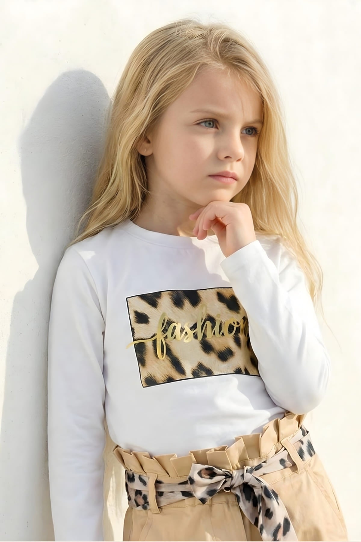 Kız Çocuk Leopar Baskılı Uzun Kollu T-shirt