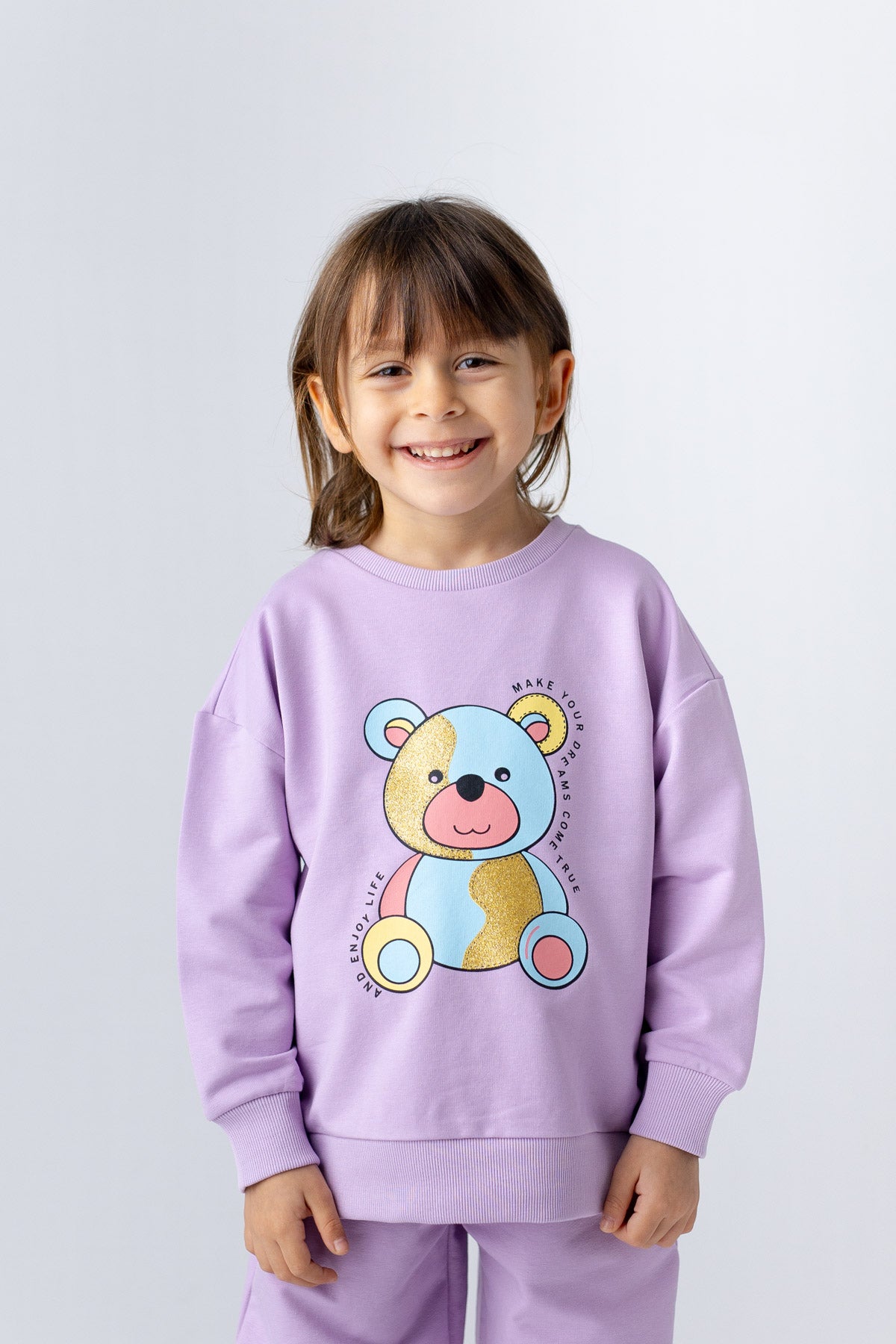 KIZ COCUK AYI DESENLI SIM BASKILI SWEATSHIRT