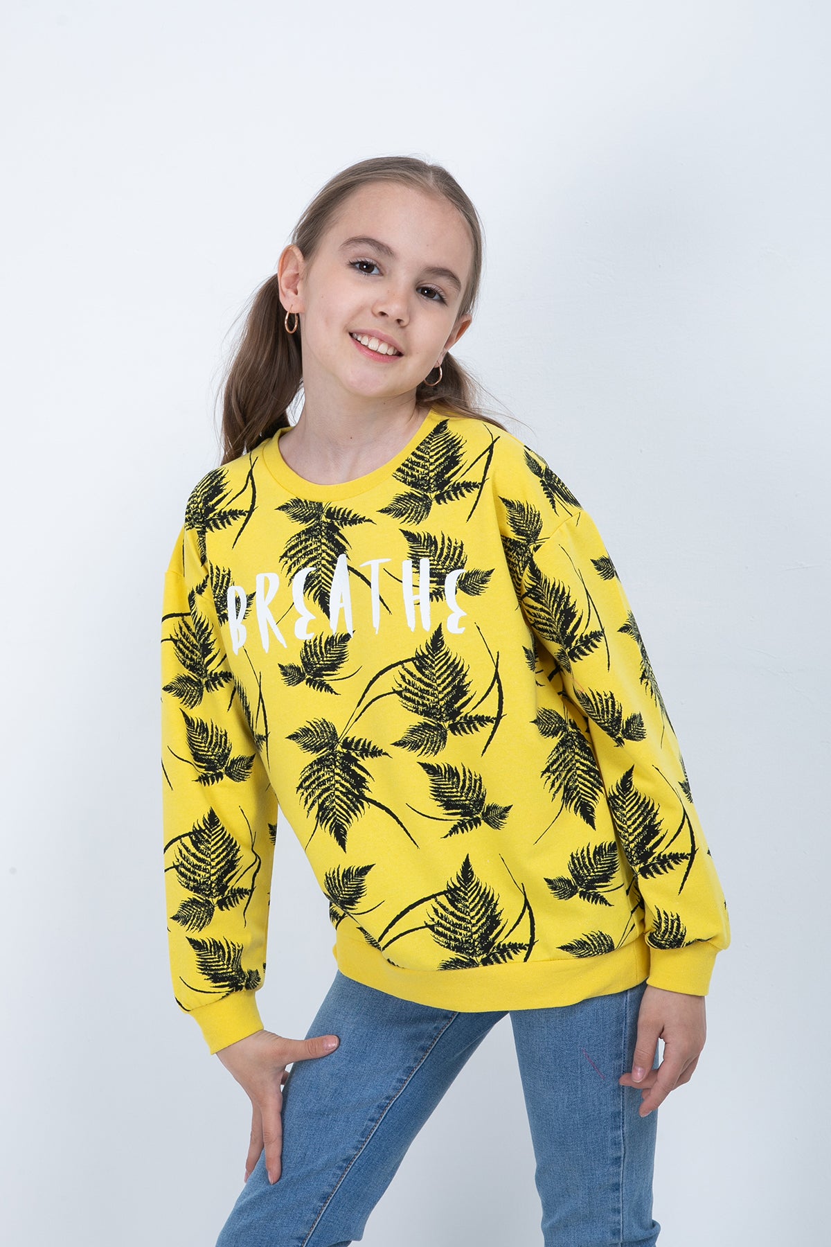 KIZ COCUK CICEK BASKILI SWEATSHIRT