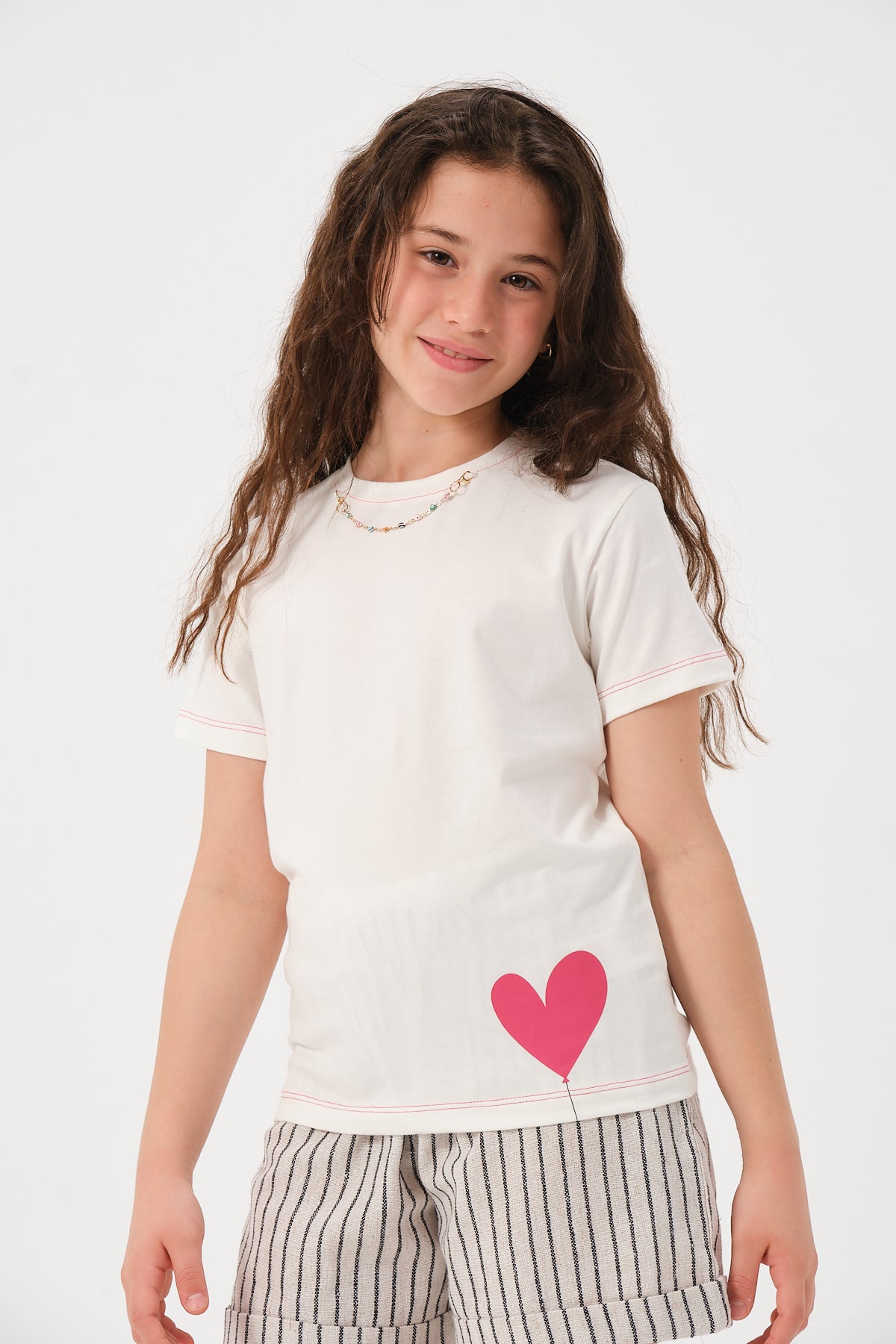 Genç Kiz Çocuk Zincir Kolye Detayli Kalp Baskili T-shirt