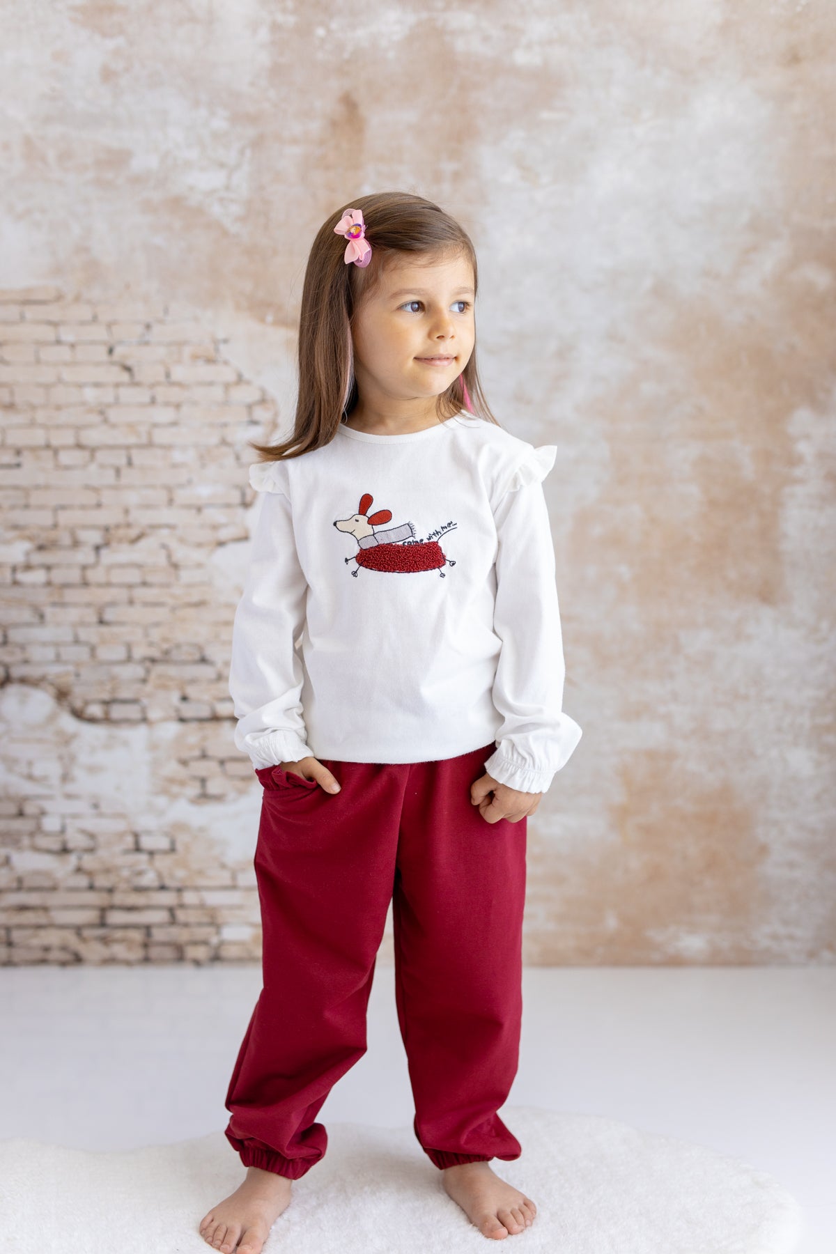 Kız Bebek Köpek Nakışlı Uzun Kollu T-Shirt
