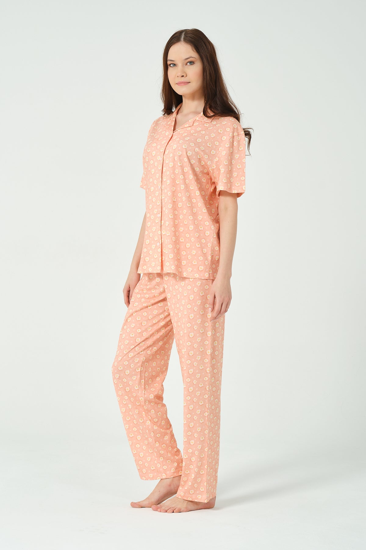Kadın Çiçek baskılı Önden Düğmeli Pijama Takımı