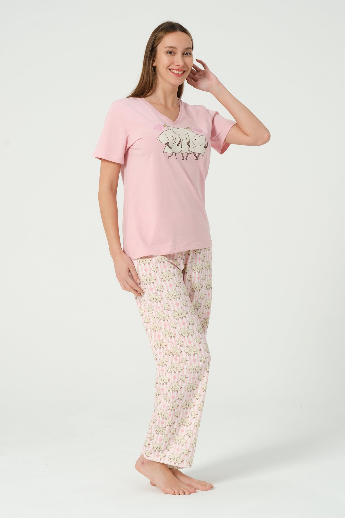 Kadın Çizgili Desenli Kısa Kollu Pijama Takımı