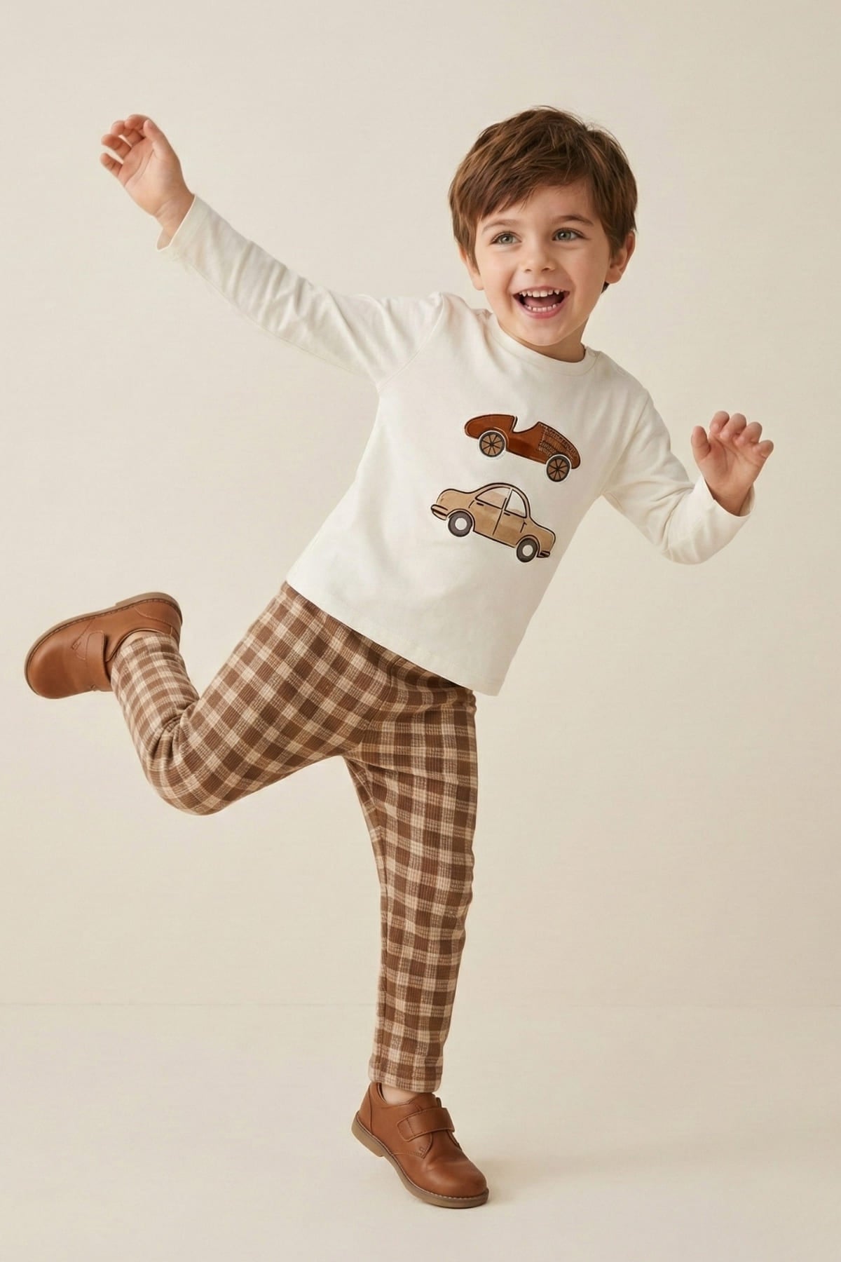Erkek Bebek Baskılı T-shirt Ekose Pantolon Takım