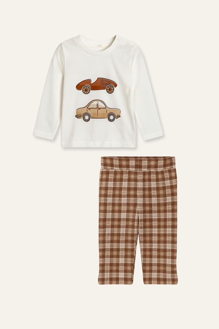 Erkek Bebek Baskılı T-shirt Ekose Pantolon Takım