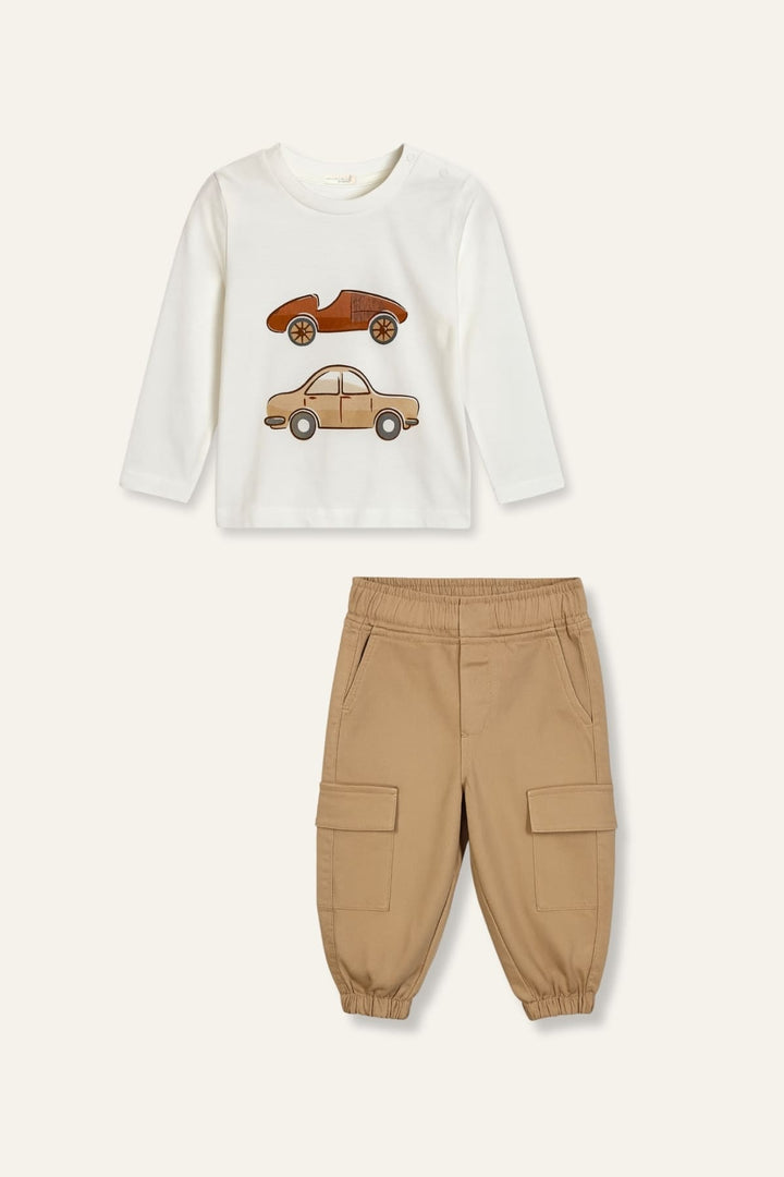 Erkek Bebek Baskılı T-shirt Gabardin Takım