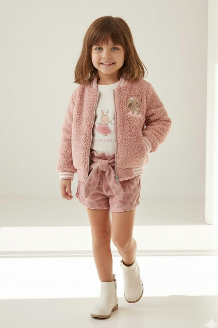 Kız Bebek Tavşan Nakışlı Peluş Mont