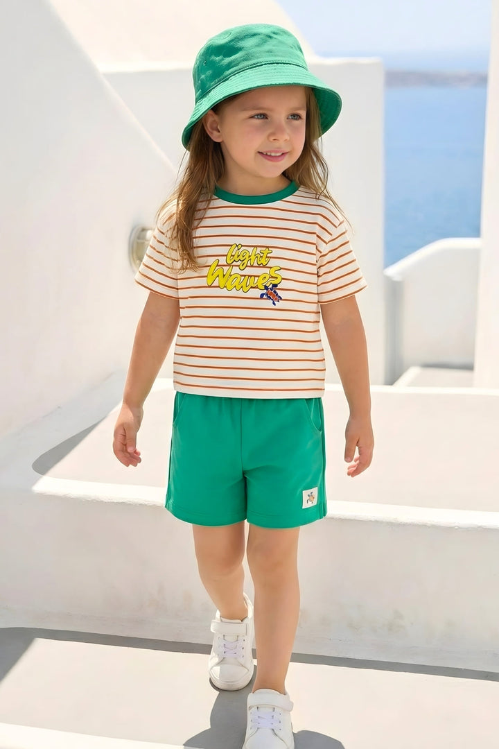 Kız Çocuk Çizgili T-shirt ve Şort Takım