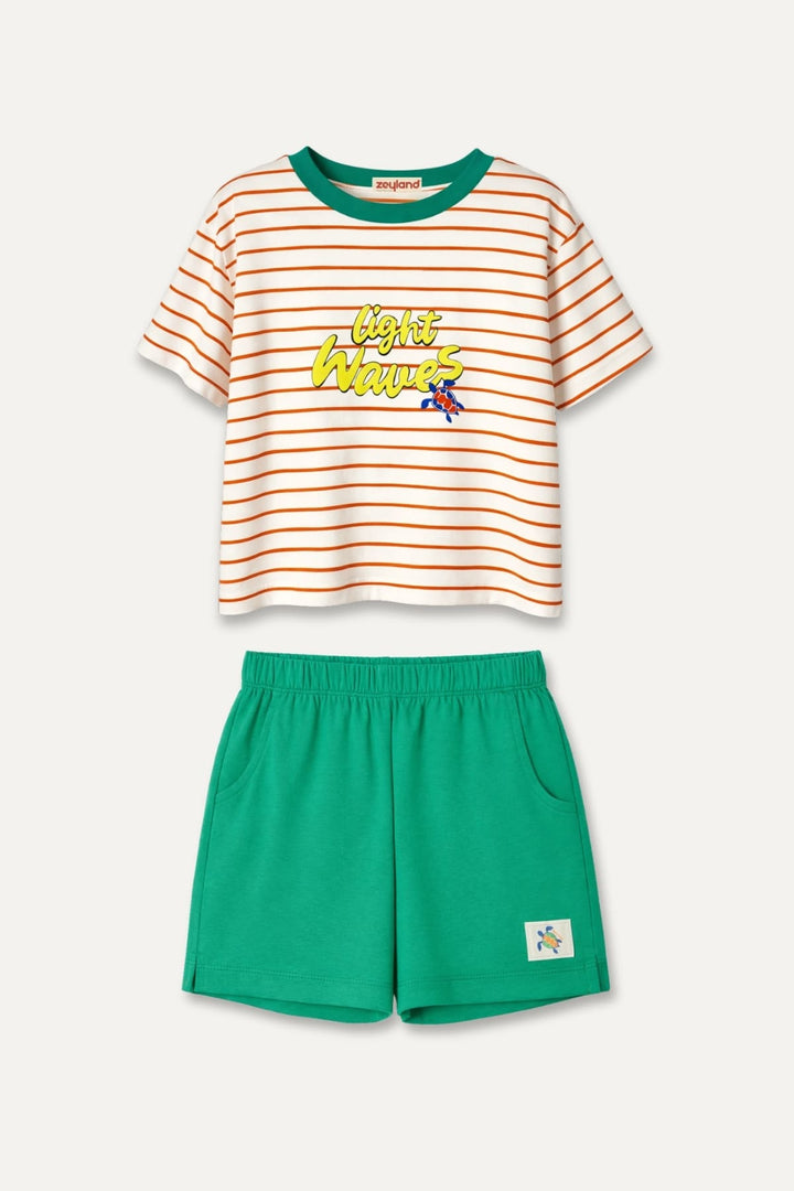 Kız Çocuk Çizgili T-shirt ve Şort Takım