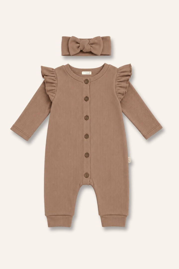 Kiz Bebek Gots Sertifikali %100 Organik Pamuk Kollari Firfirli Tulum ve Bandana Takim