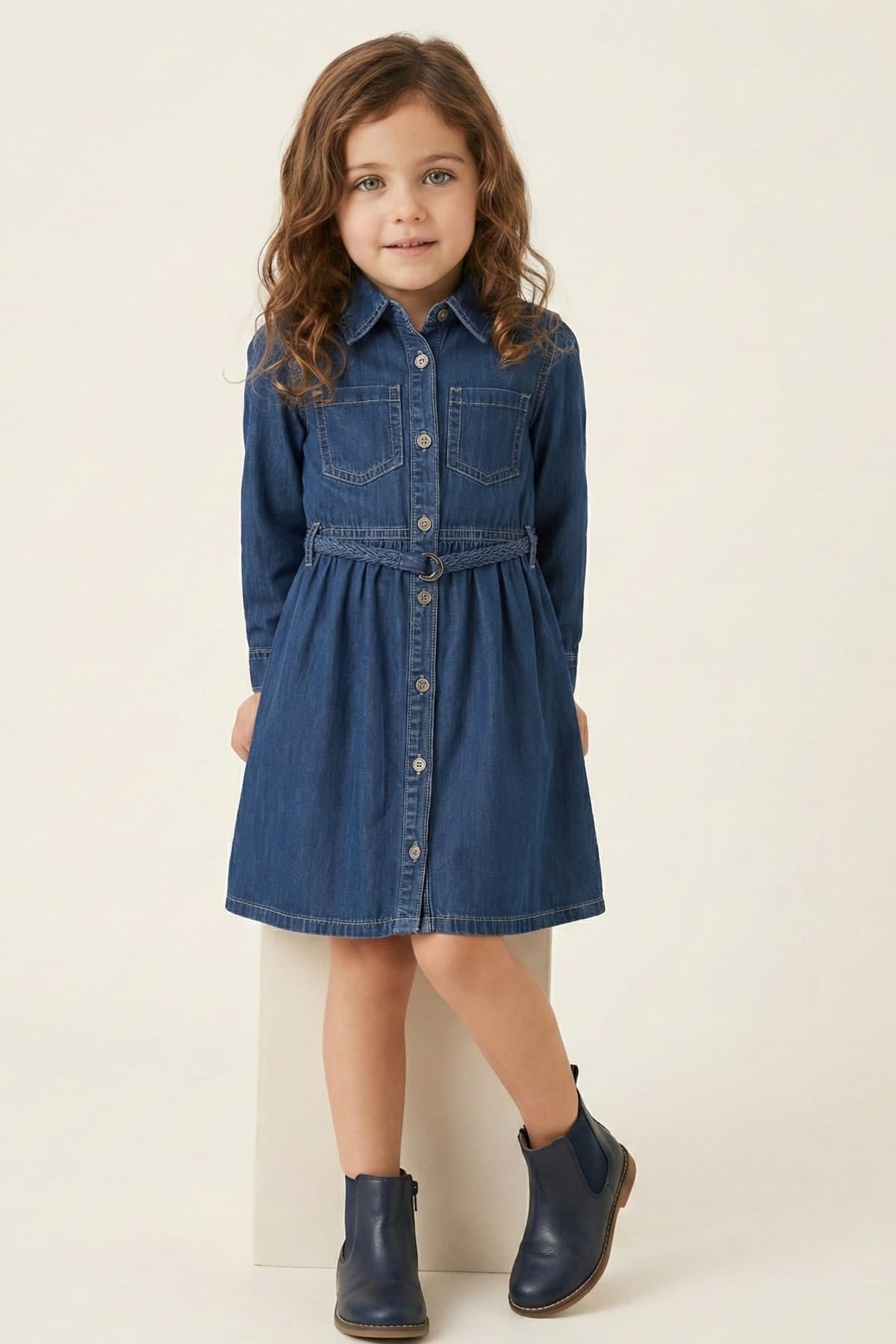 Kız Çocuk Denim Önden Düğmeli Elbise