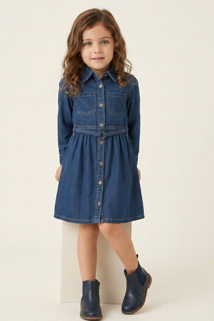 Kız Çocuk Denim Önden Düğmeli Elbise
