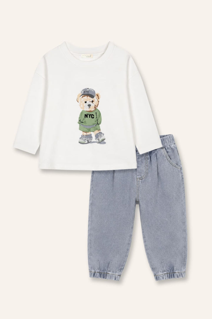 Erkek Bebek Baskılı T-shirt Jean Pantolon Takım