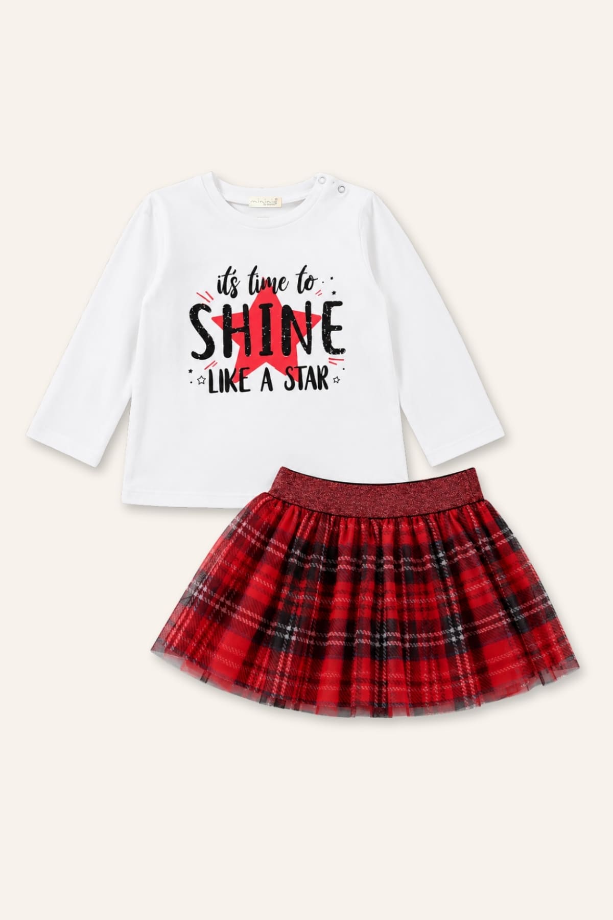 Kız Bebek Baskılı T-Shirt Ekose Etek İkili Takım