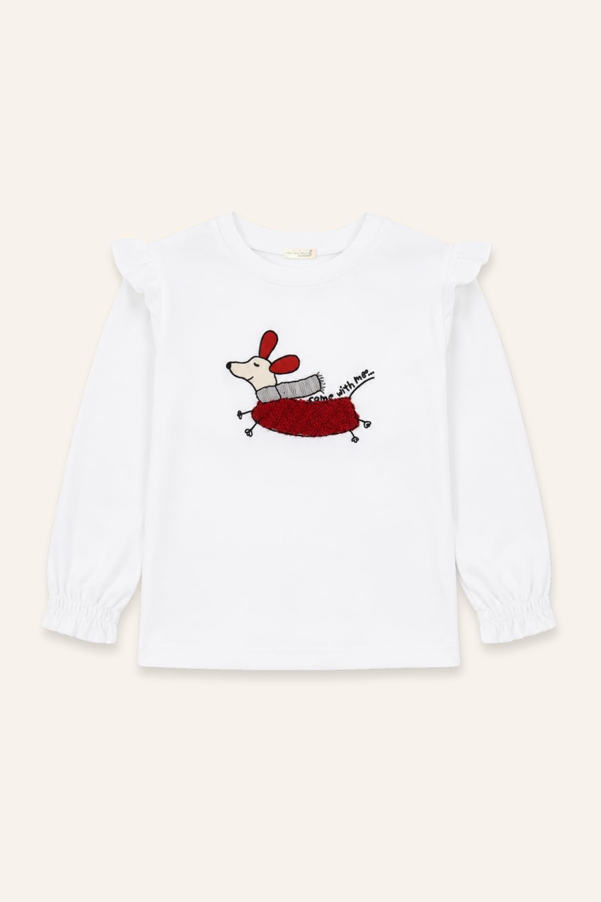 Kız Çocuk Köpek Nakışlı Uzun Kollu T-Shirt