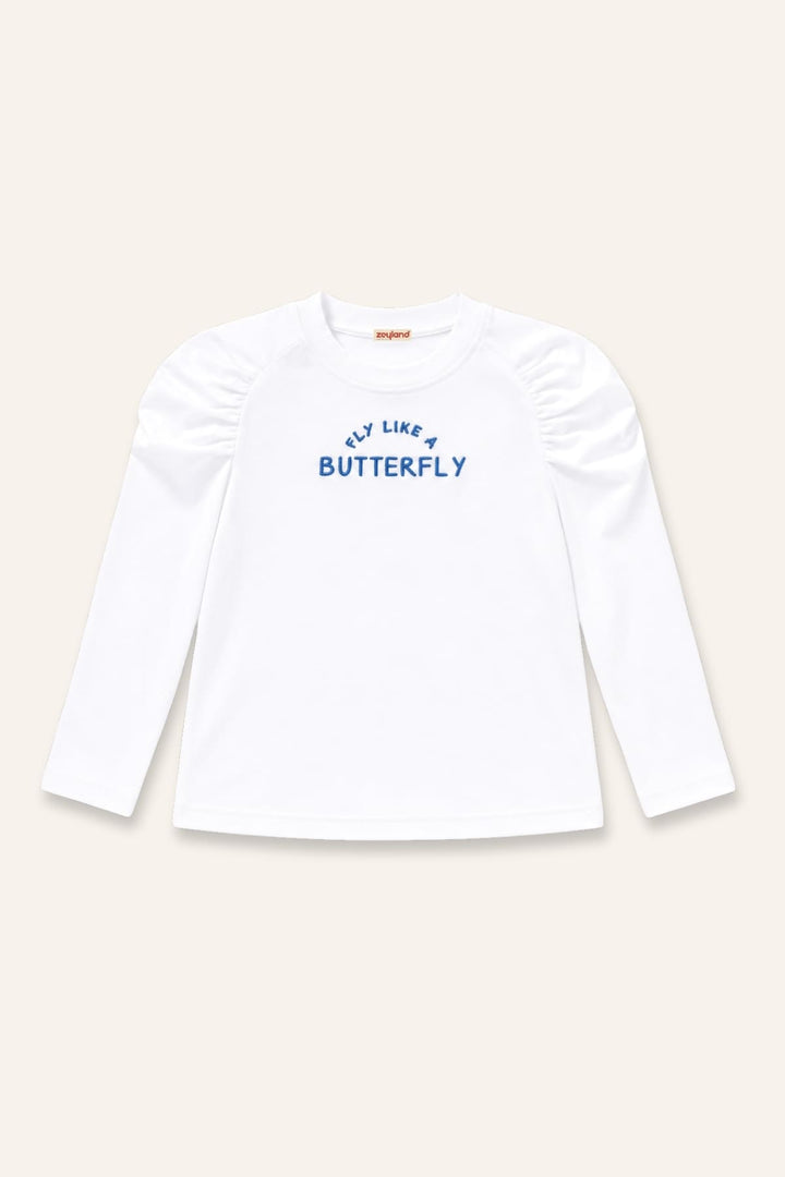 Kız Çocuk Nakış Detaylı Kolu Büzgülü Reglan T-Shirt