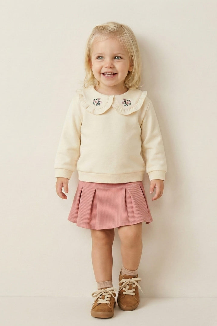 Kız Bebek Yakası Nakışlı Sweatshirt