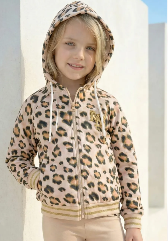 Kız Çocuk Leopar Desenli Kapüşonlu Sweatshirt