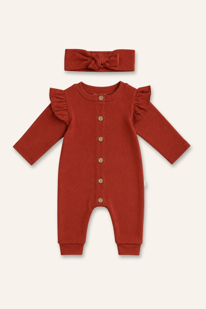 Kız Bebek Gots Sertifikalı %100 Organik Pamuk Kolları Fırfırlı Tulum ve Bandana Takım