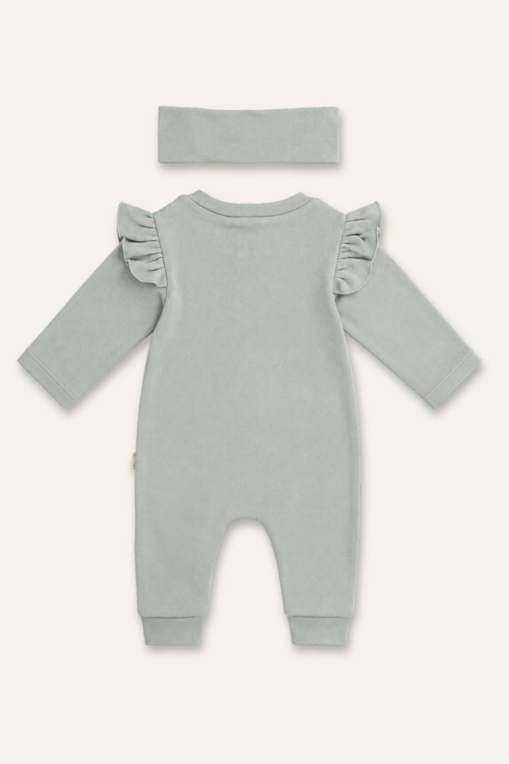 Kız Bebek Gots Sertifikalı %100 Organik Pamuk Kolları Fırfırlı Tulum ve Bandana Takım