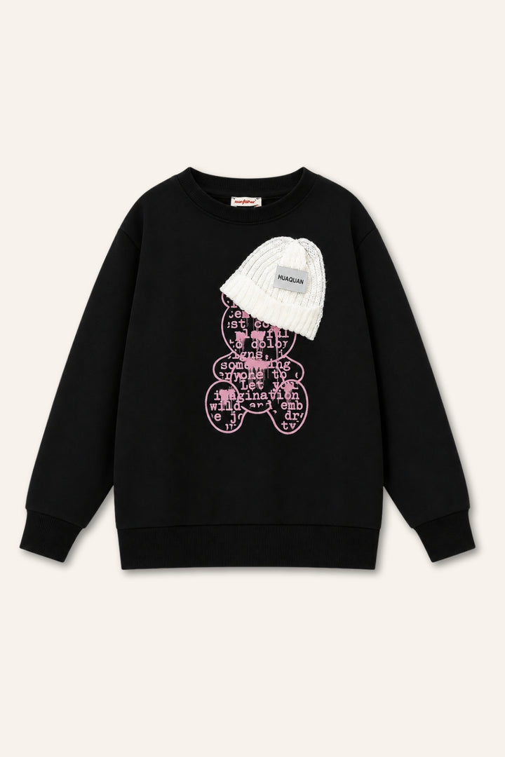 Kız Çocuk Ayı Baskı Şapka Aksesuarlı Sweatshirt