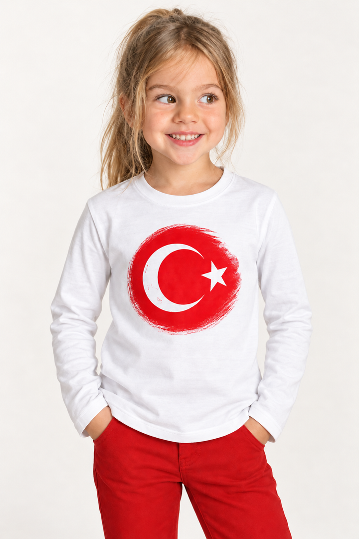 Kız Erkek Çocuk Ay Yıldız Baskılı Uzun Kol Tişört