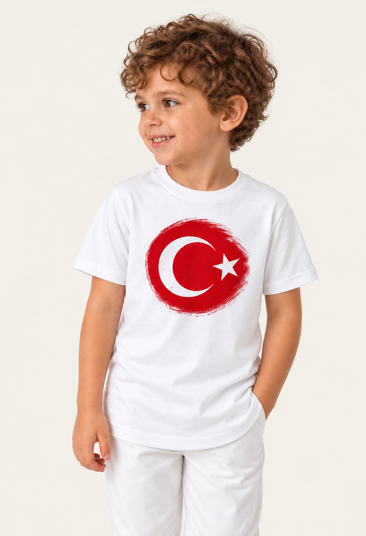 Kız Erkek Çocuk Ay Yıldız Baskılı Kısa Kol Tişört