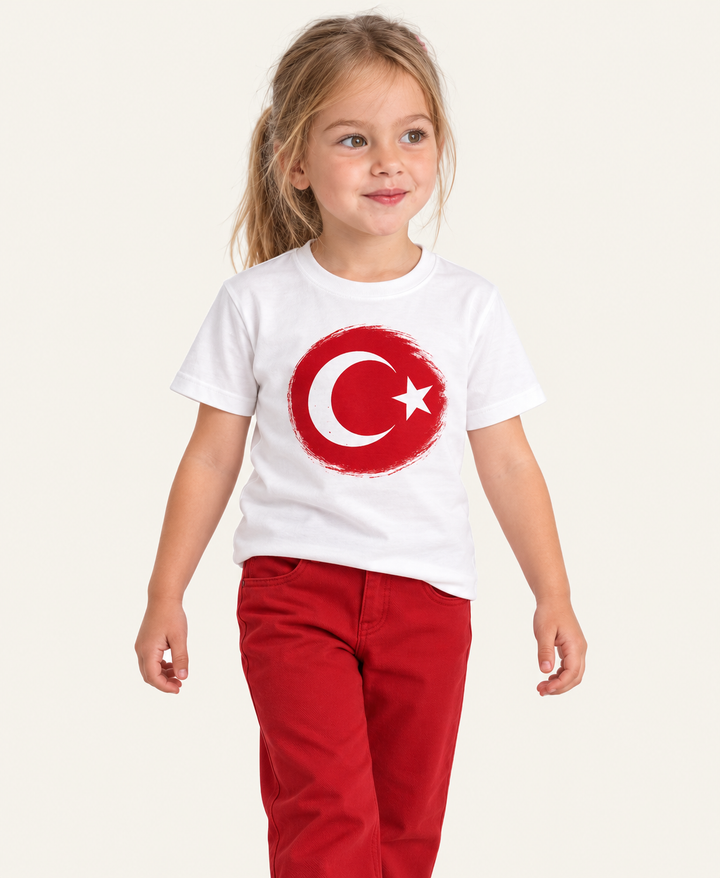 Kız Erkek Çocuk Ay Yıldız Baskılı Kısa Kol Tişört
