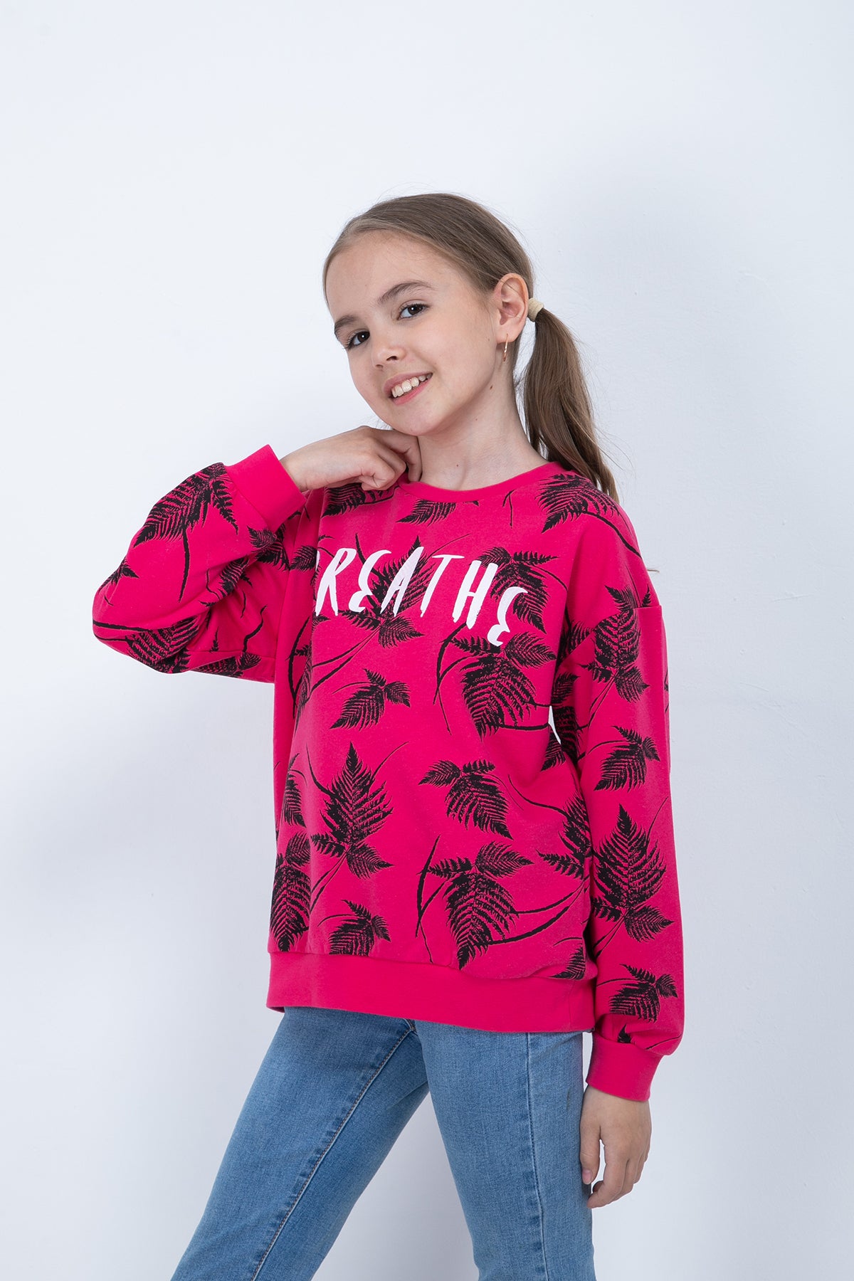 KIZ COCUK CICEK BASKILI SWEATSHIRT
