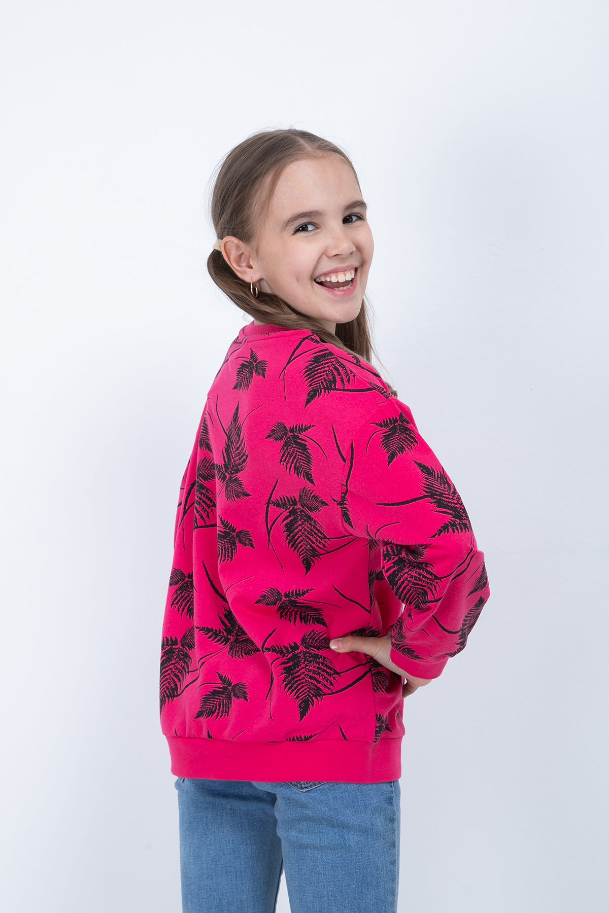 KIZ COCUK CICEK BASKILI SWEATSHIRT