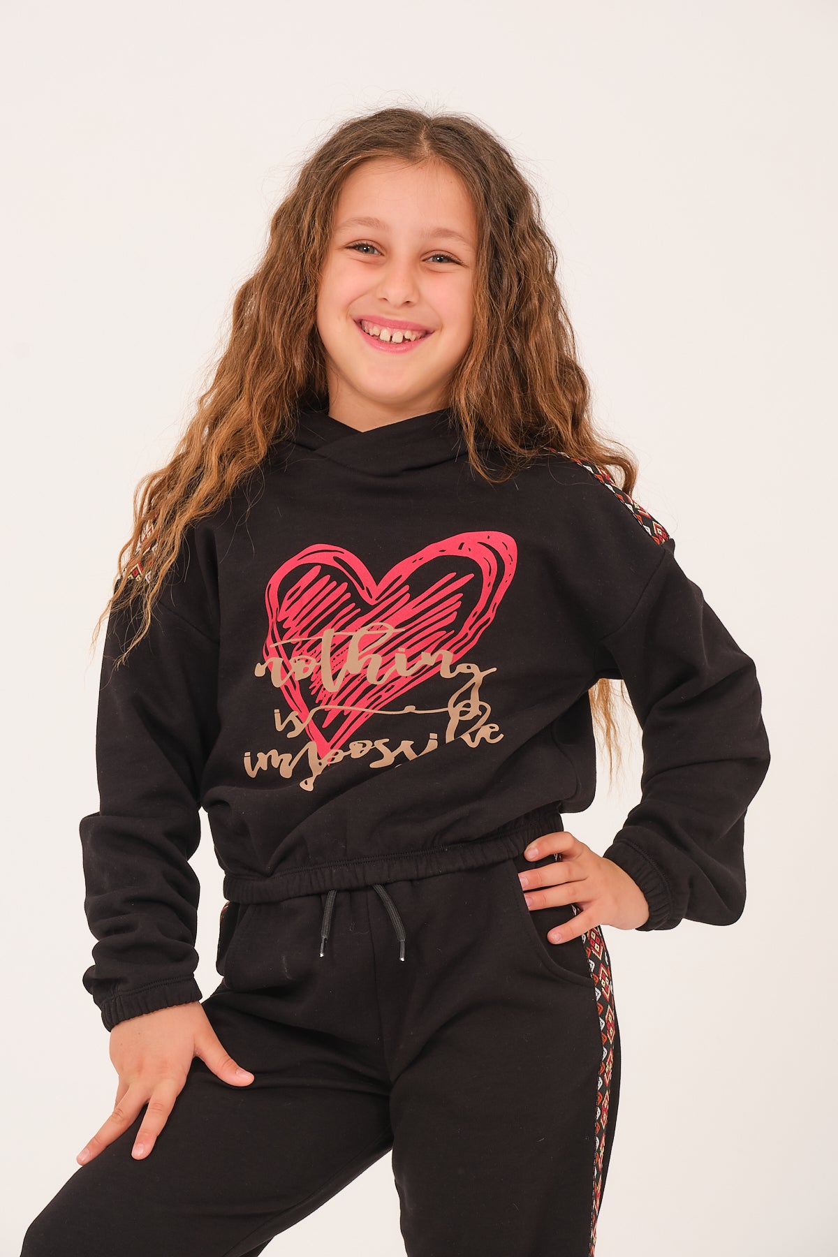 Genç Kız Çocuk Kalp Baskılı Kapüşonlu Sweatshirt