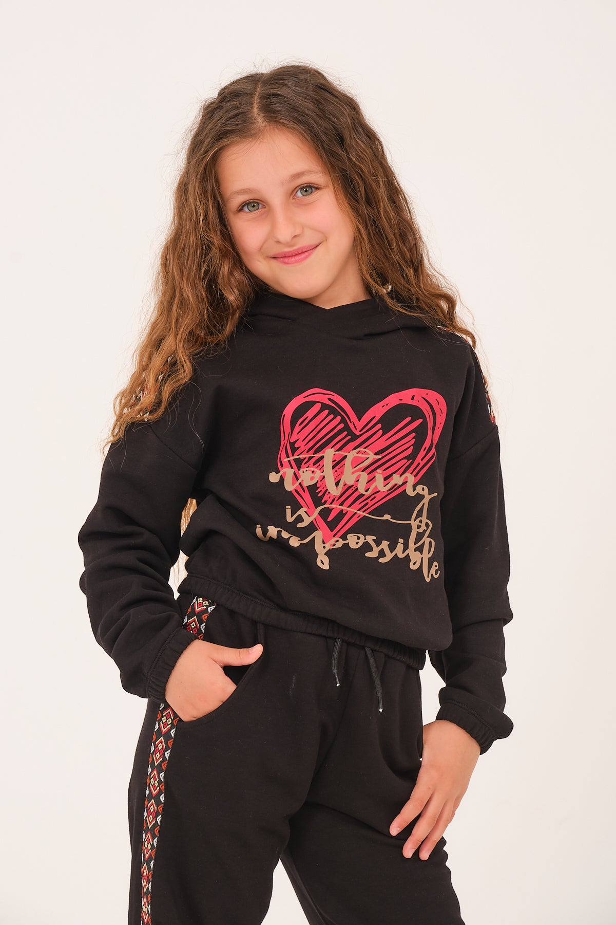 Genç Kız Çocuk Kalp Baskılı Kapüşonlu Sweatshirt