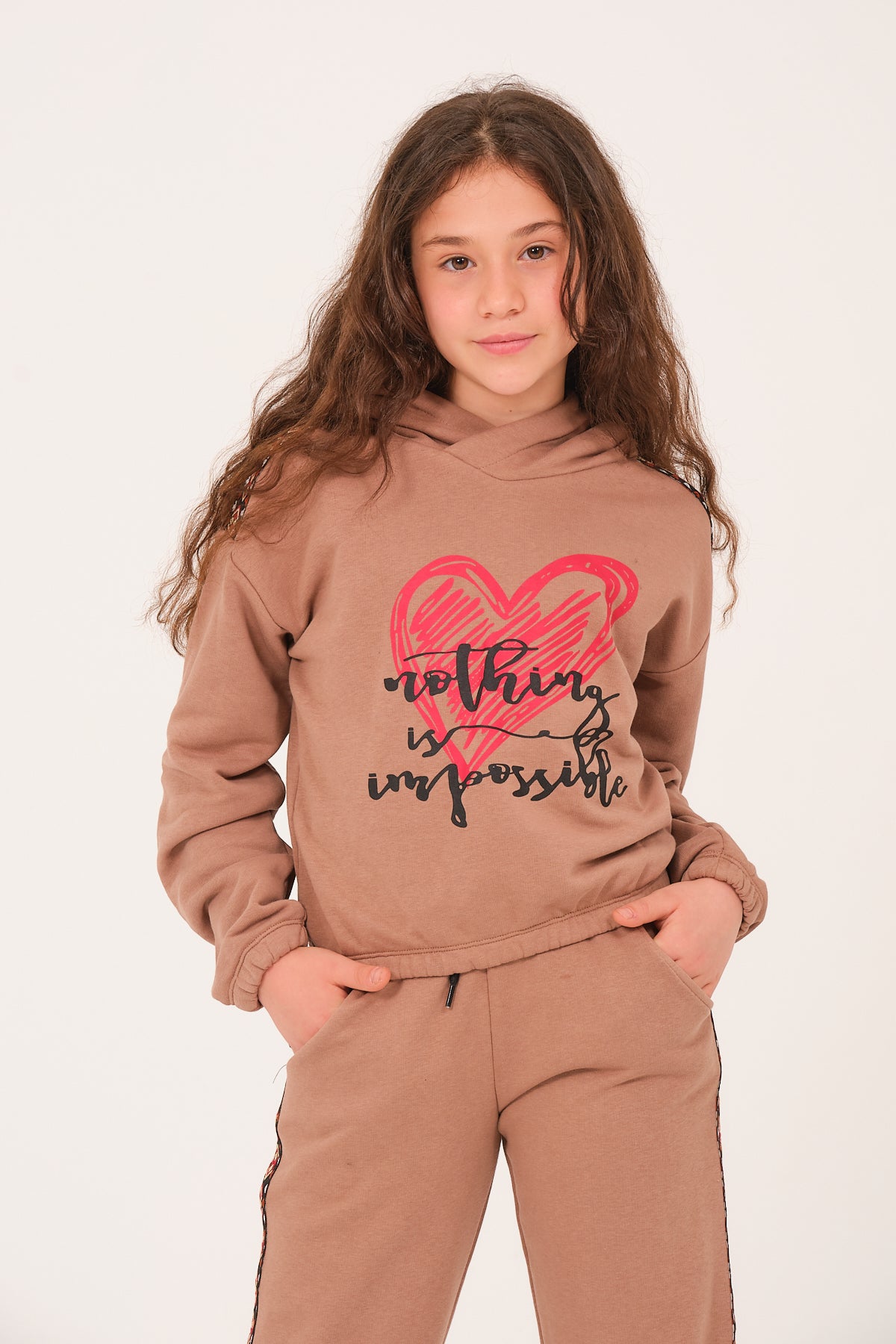 Genç Kız Çocuk Kalp Baskılı Kapüşonlu Sweatshirt