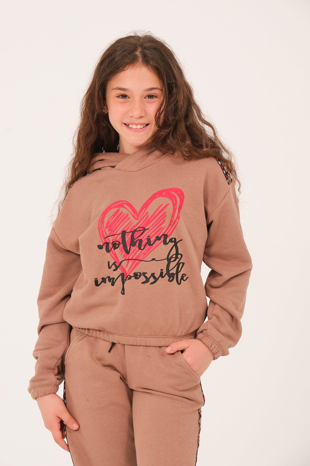 Genç Kız Çocuk Kalp Baskılı Kapüşonlu Sweatshirt