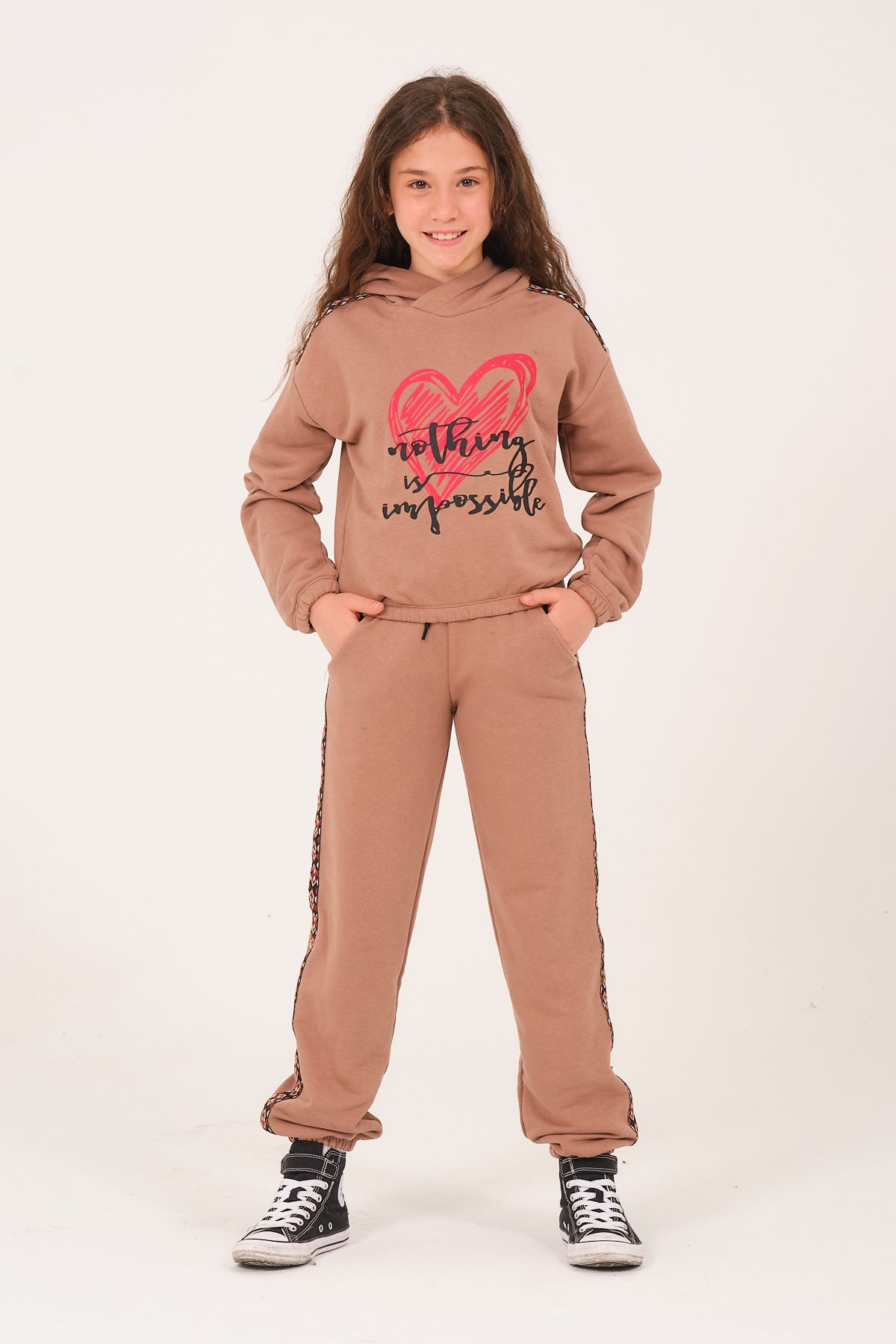 Genç Kız Çocuk Kalp Baskılı Kapüşonlu Sweatshirt