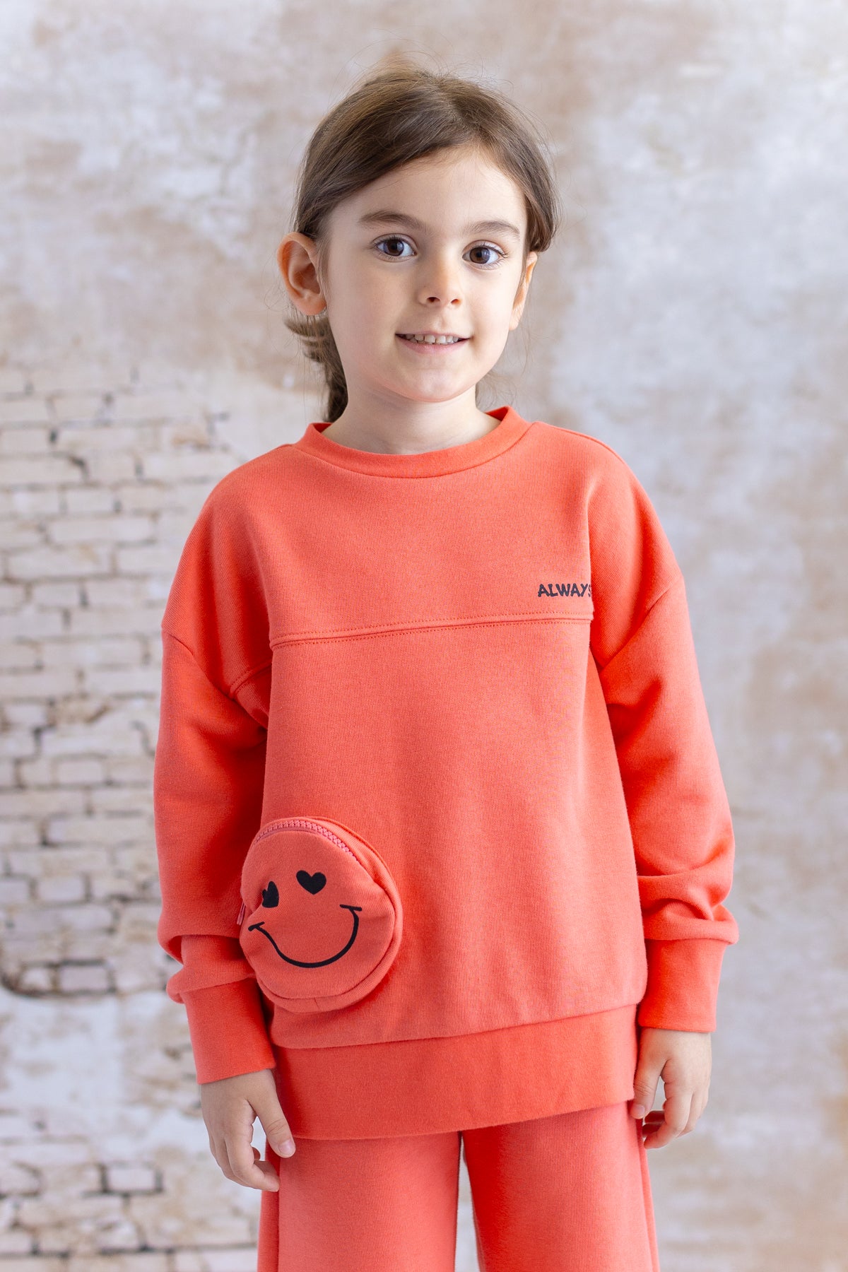 Kız Çocuk Cep Detaylı Baskılı Sweatshirt