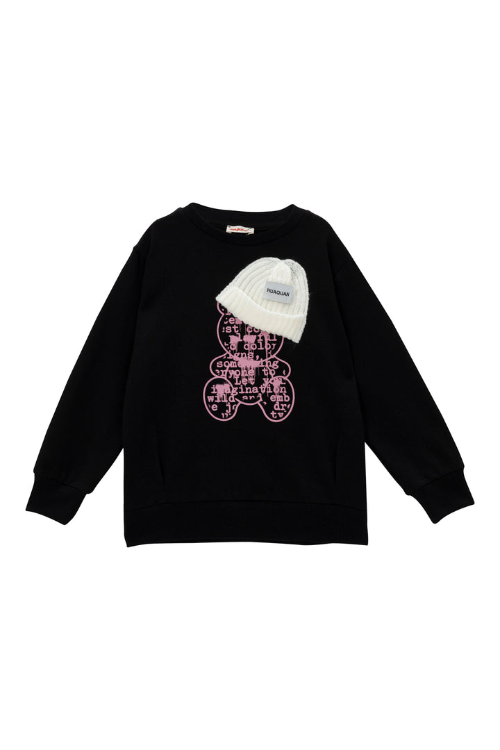Kız Çocuk Ayı Baskı Şapka Aksesuarlı Sweatshirt