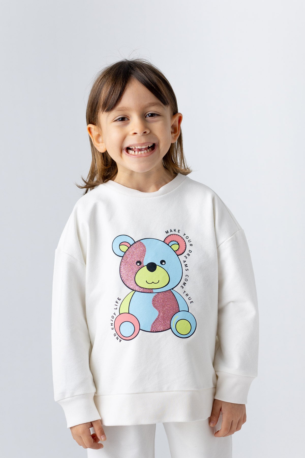 KIZ COCUK AYI DESENLI SIM BASKILI SWEATSHIRT