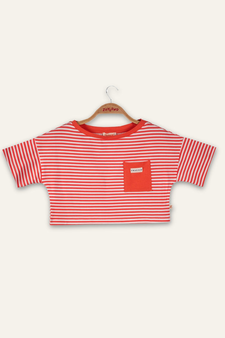 Kız Çocuk Çizgili Çep Detaylı Crop T-Shirt