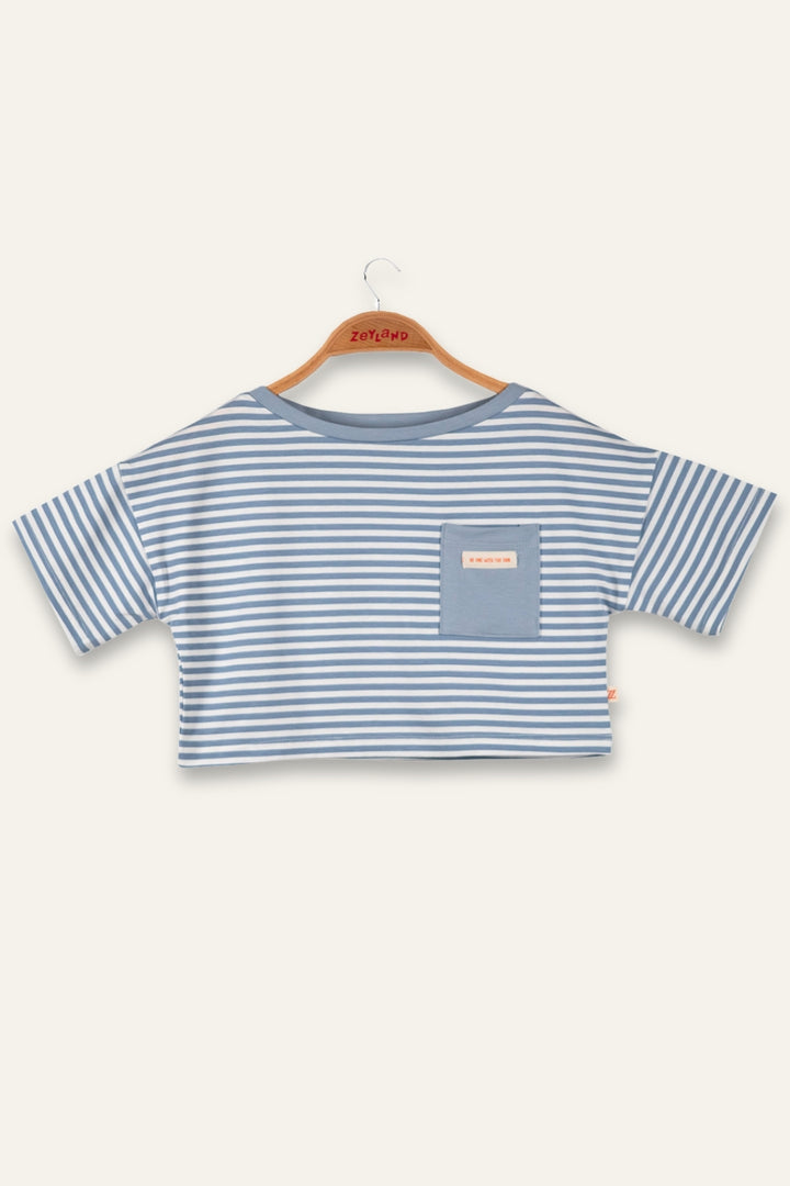 Kız Çocuk Çizgili Çep Detaylı Crop T-Shirt