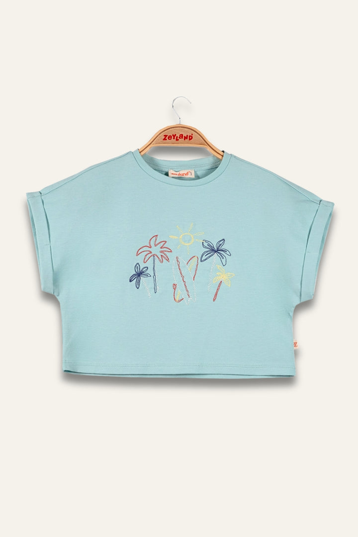 Kız Çocuk Nakış Detaylı Crop T-Shirt