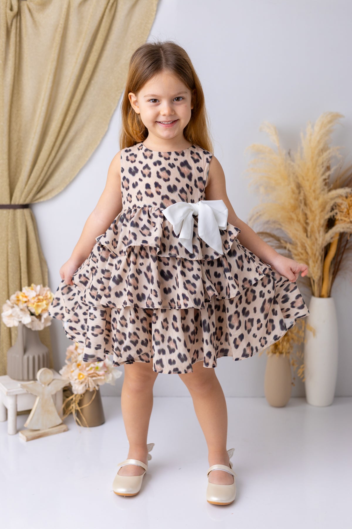 Kız Çocuk Leopar Desen Şifon Elbise