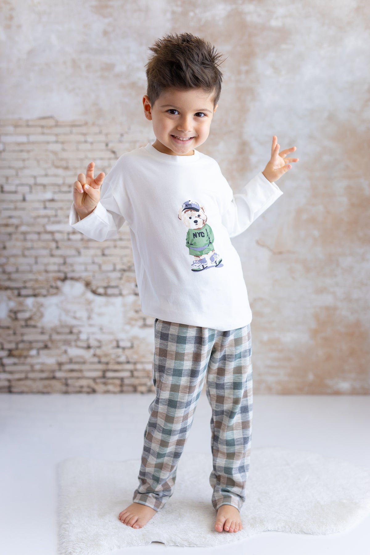 Erkek Bebek Ayı Baskılı Ekose Pantolon Takım