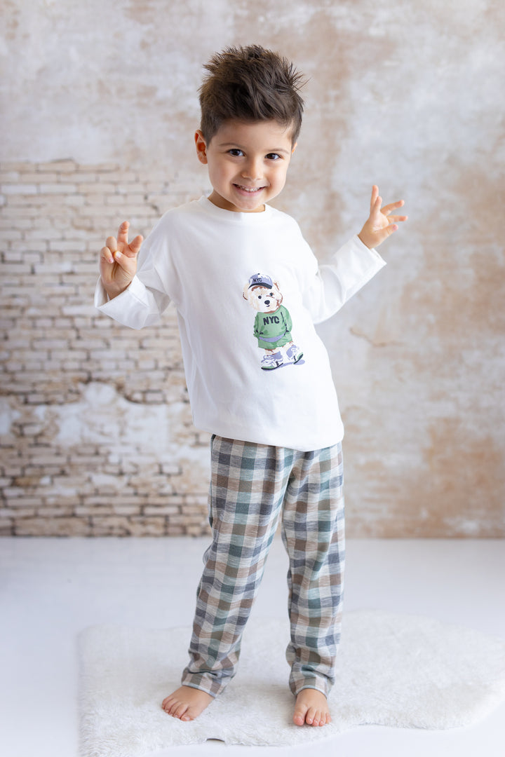 Erkek Bebek Ayı Baskılı Ekose Pantolon Takım