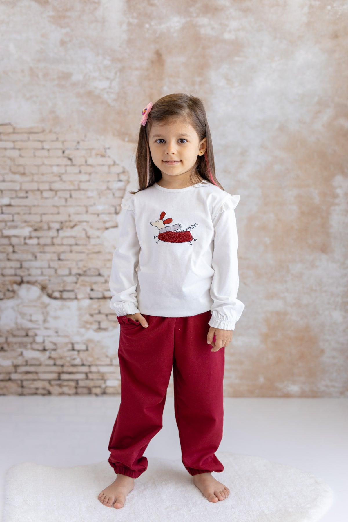 Kız Bebek Köpek Nakışlı Uzun Kollu T-Shirt