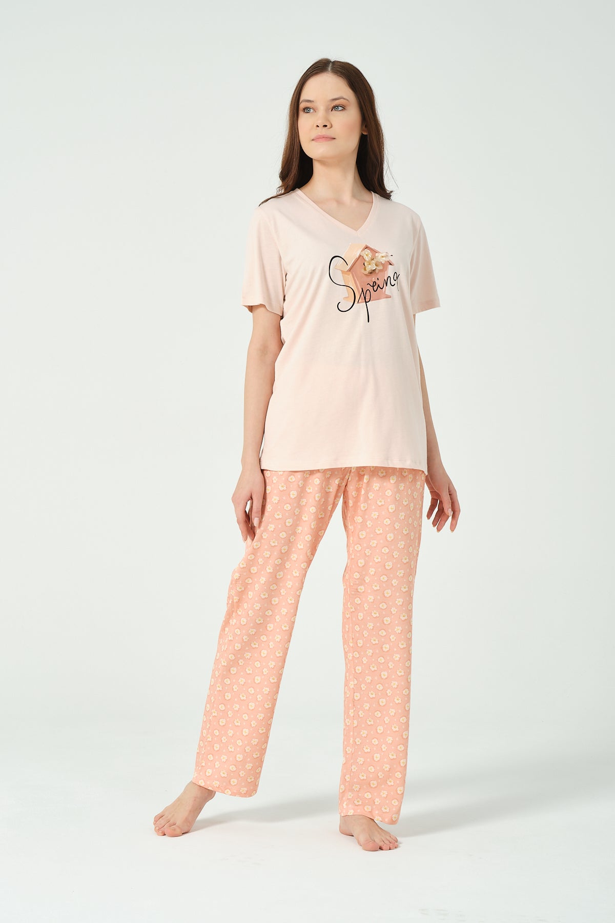 Kadın Çiçek baskılı kısa kollu Pijama Takımı