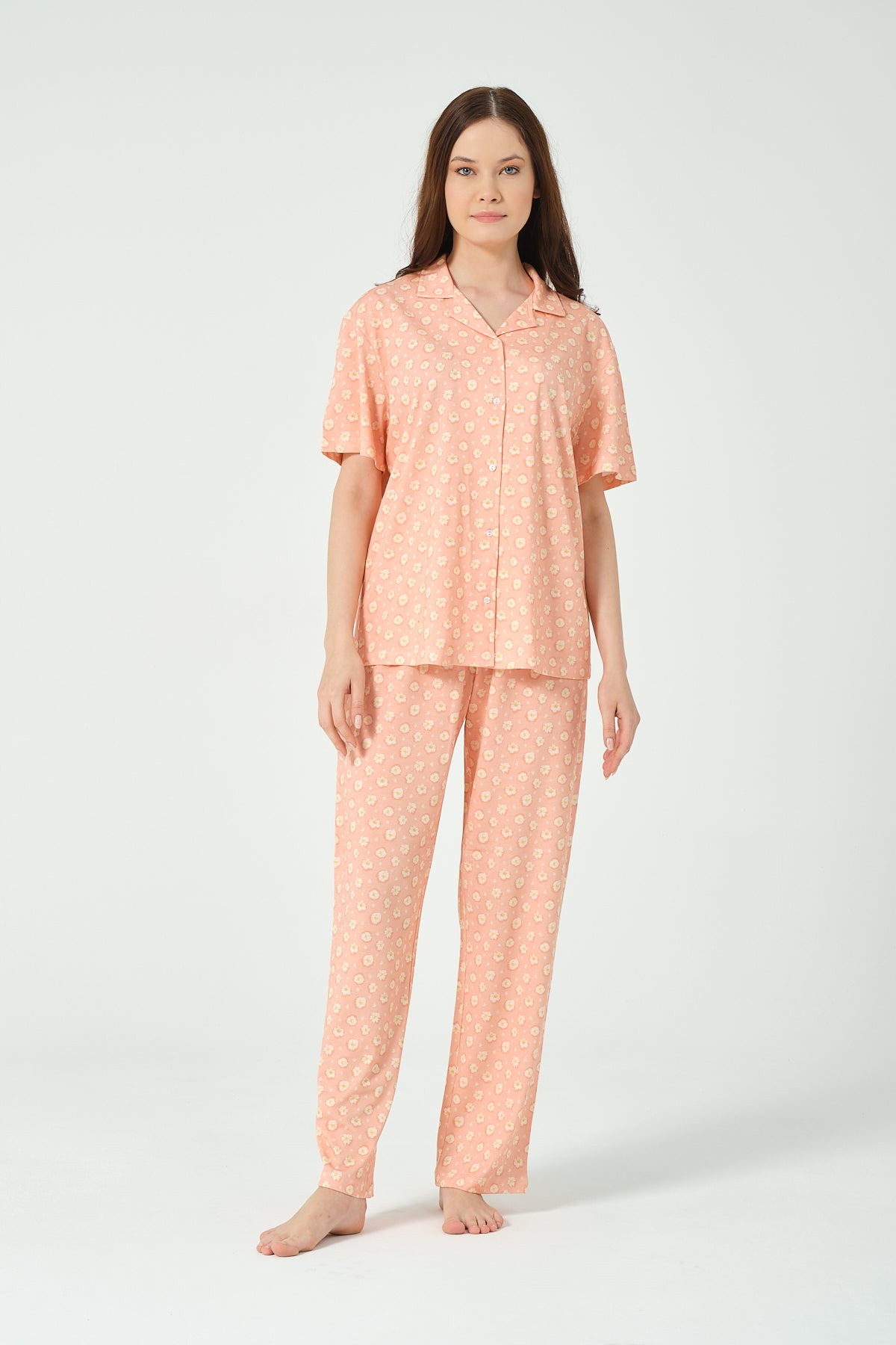 Kadın Çiçek baskılı Önden Düğmeli  Pijama Takımı