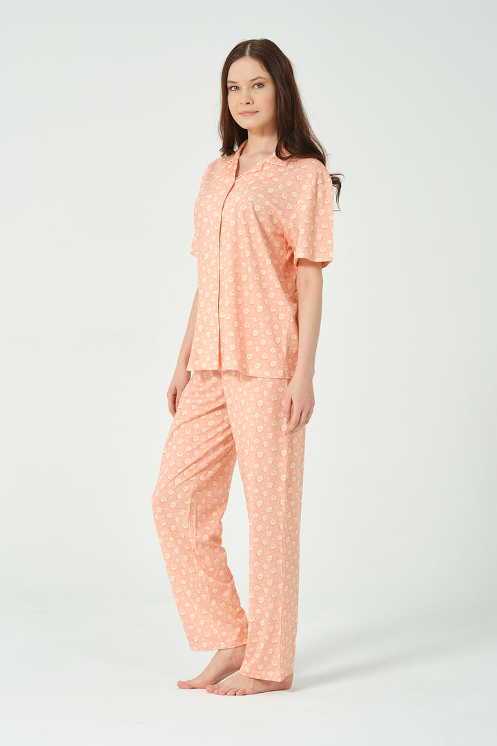 Kadın Çiçek baskılı Önden Düğmeli  Pijama Takımı