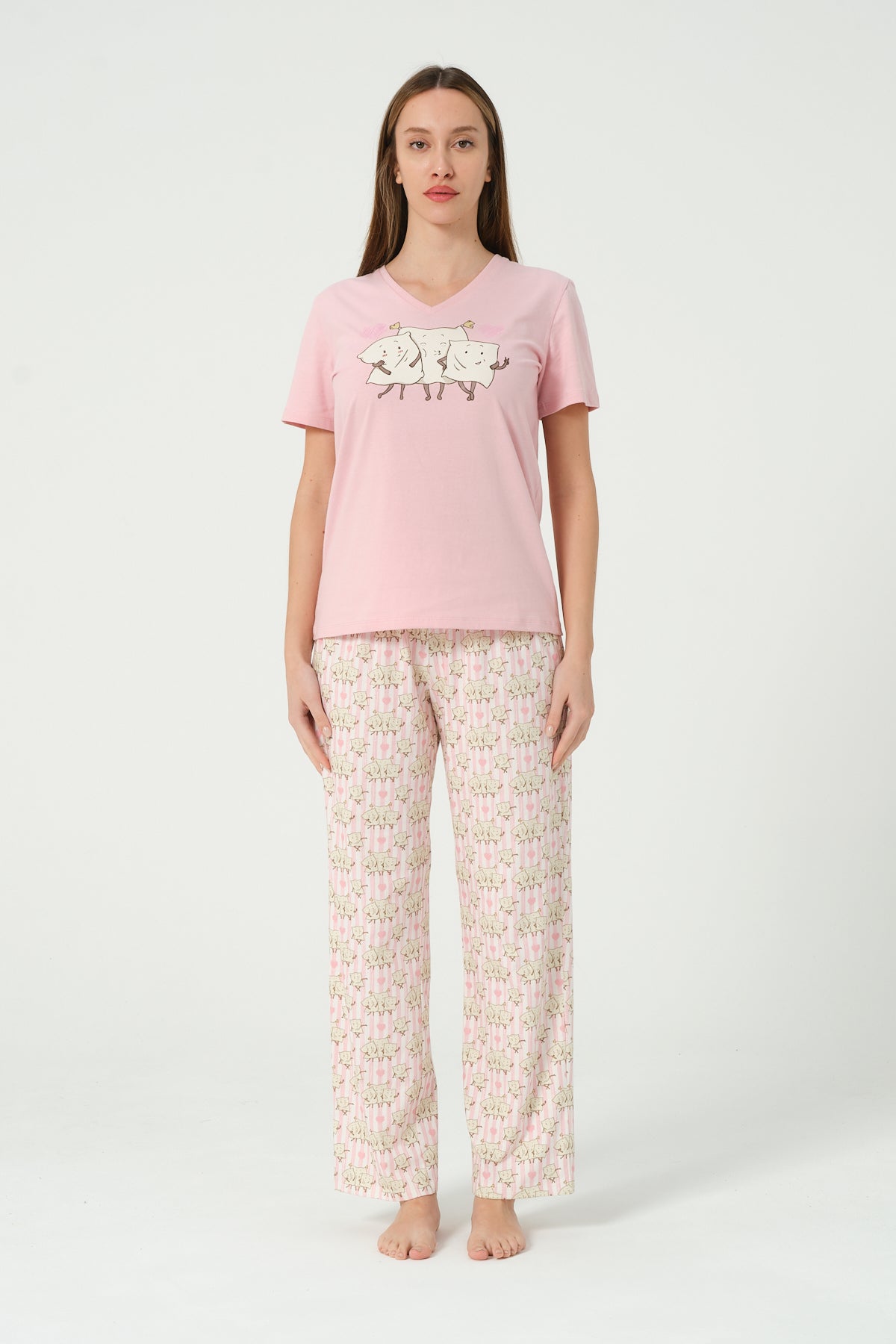 Kadın Çizgili Desenli kısa kollu Pijama Takımı